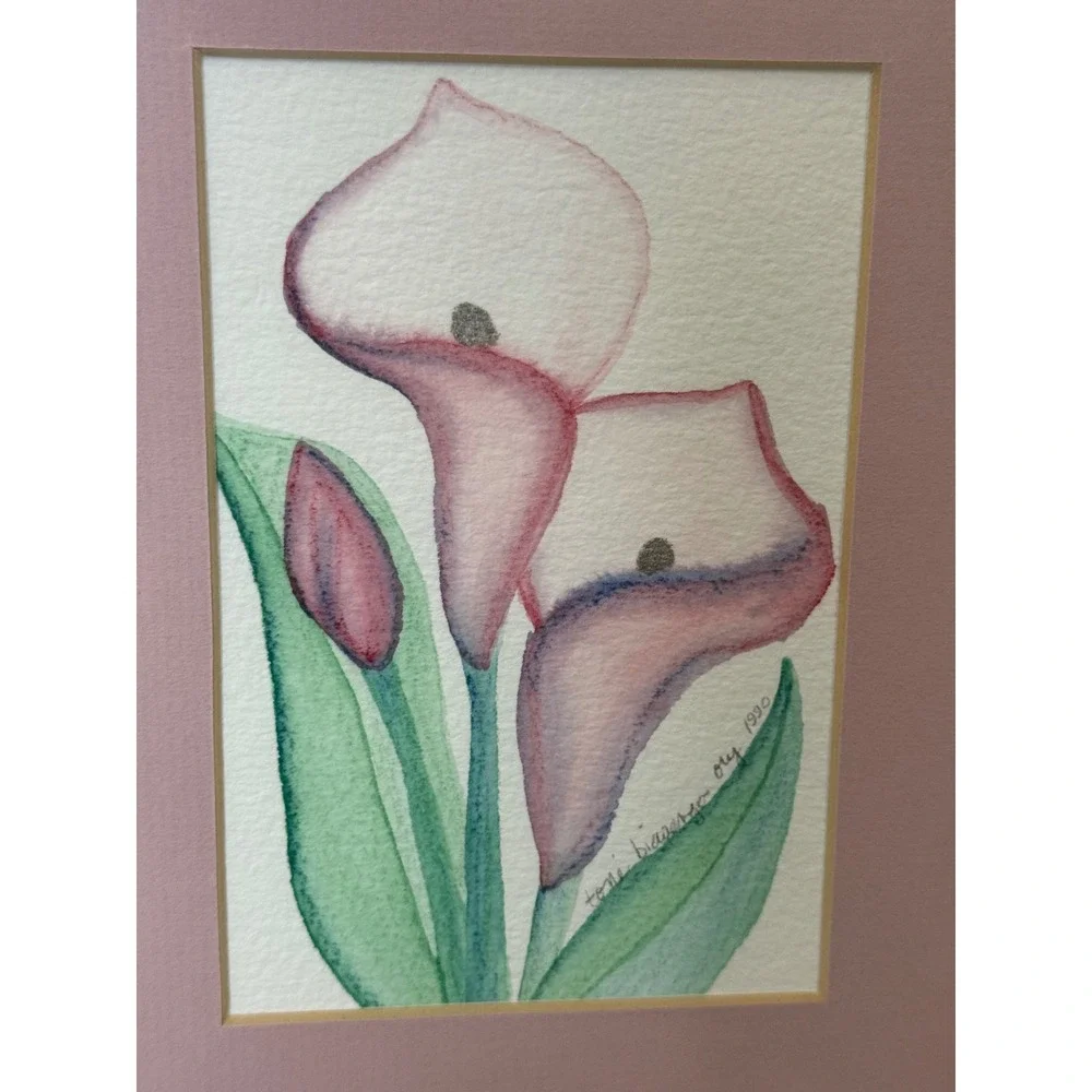 Vintage Toni Biewenga Ory Calla Lily Art Pair Signed 1990 Pink Floral Wall Decor